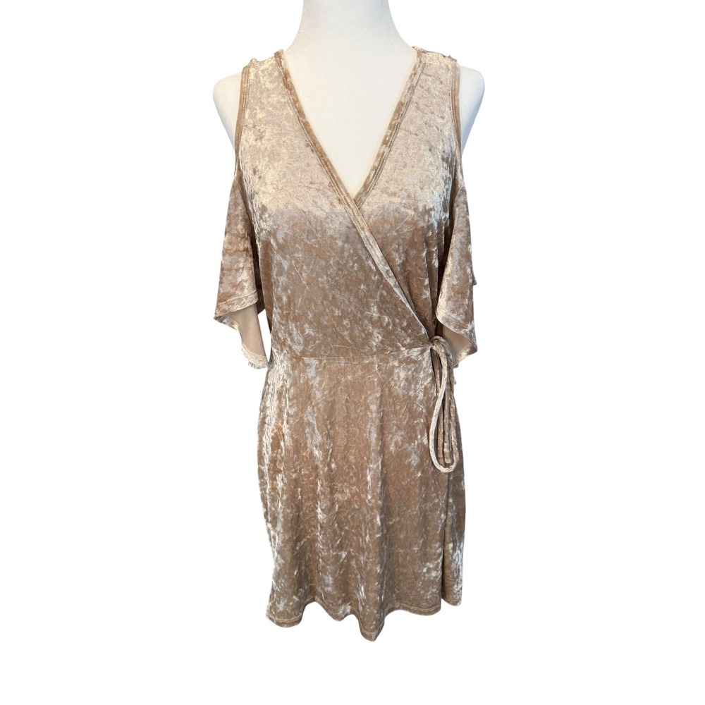 Forever 21 Womens Champagne Gold Crushed Velvet Cold Shoulder Wrap Mini Dress L